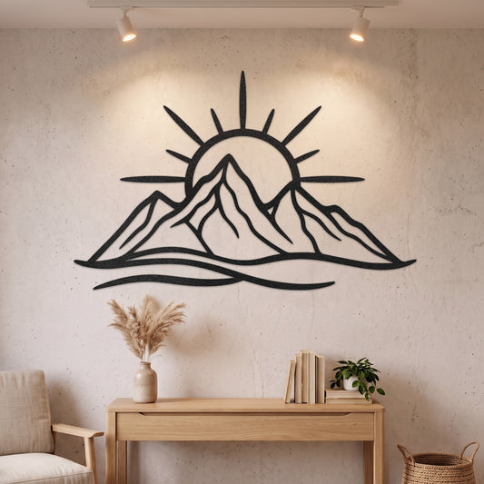 Line Art Mountain Sunrise Metal Wall Art — black