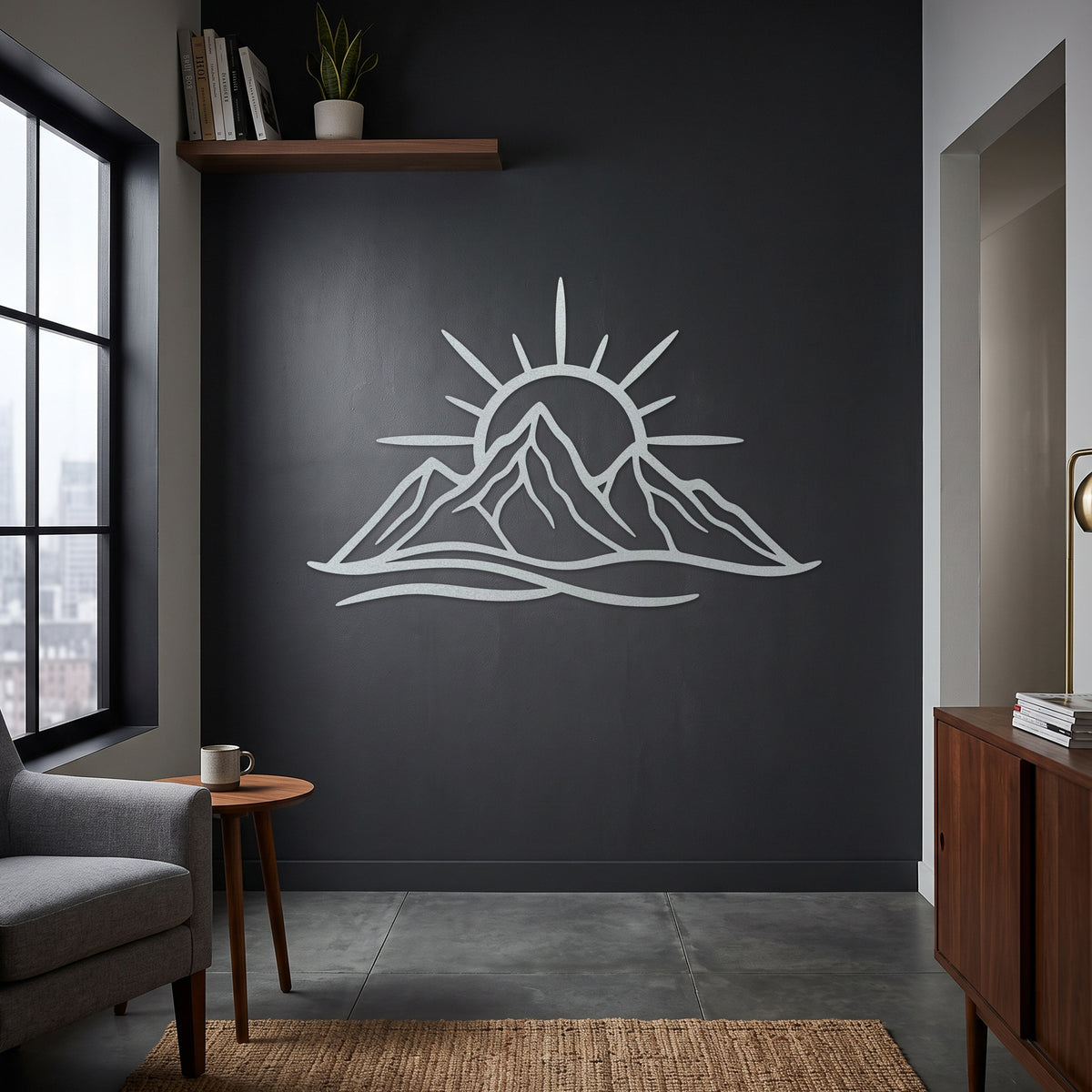 Line Art Mountain Sunrise Metal Wall Art — white