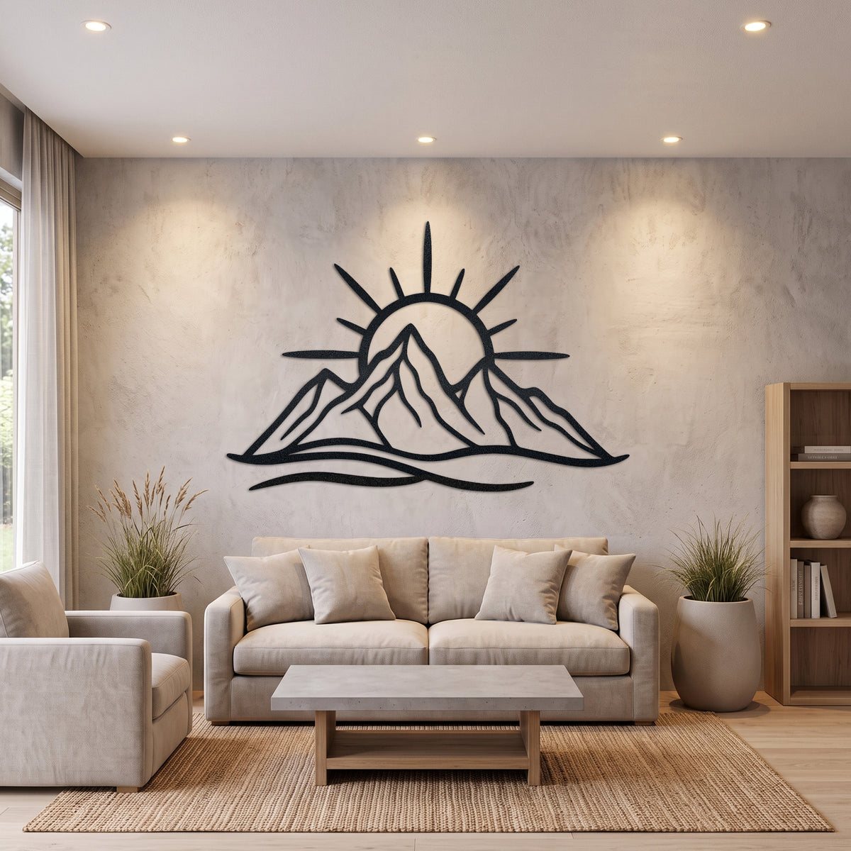 Line Art Mountain Sunrise Metal Wall Art — lifestyle