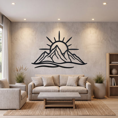 Line Art Mountain Sunrise Metal Wall Art — lifestyle