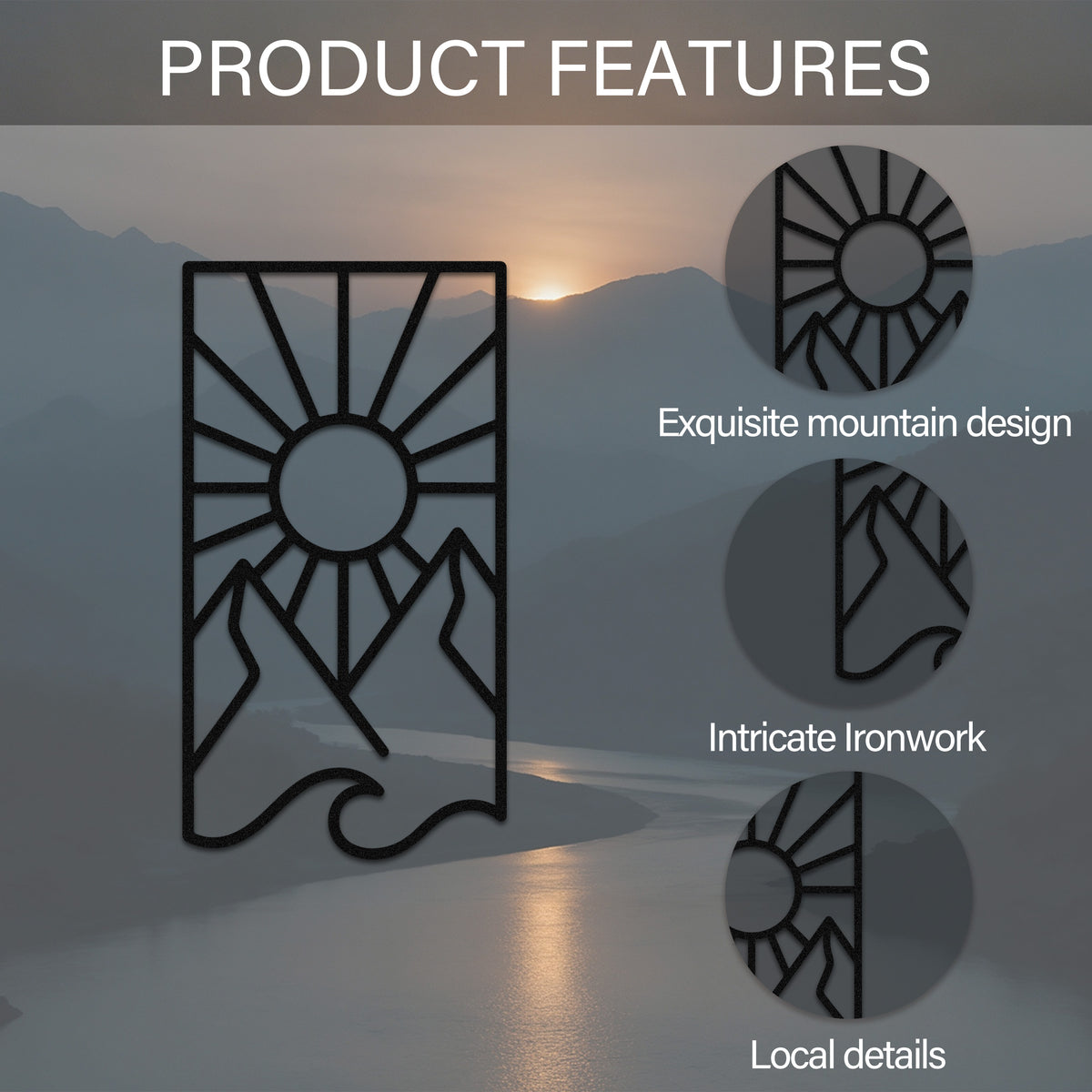Vertical Sun Mountain Wave Metal Wall Art — features