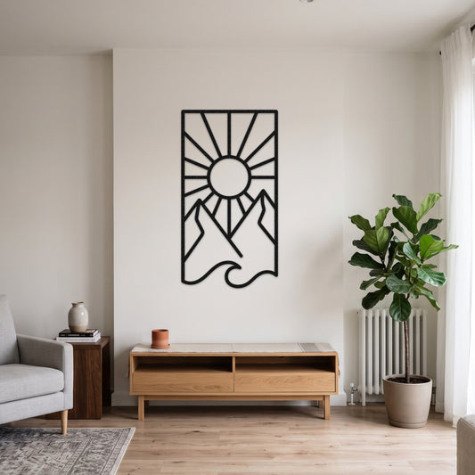 Vertical Sun Mountain Wave Metal Wall Art — black