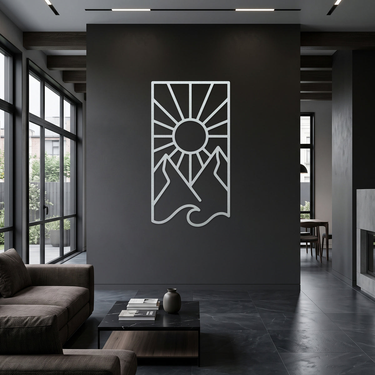 Vertical Sun Mountain Wave Metal Wall Art — white