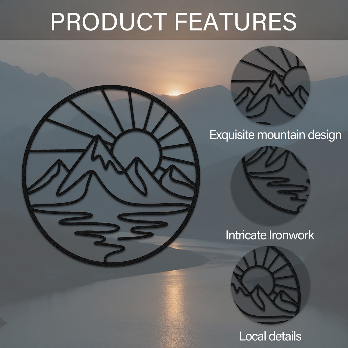 Circular Mountain Lake Sunrise Metal Wall Art — features