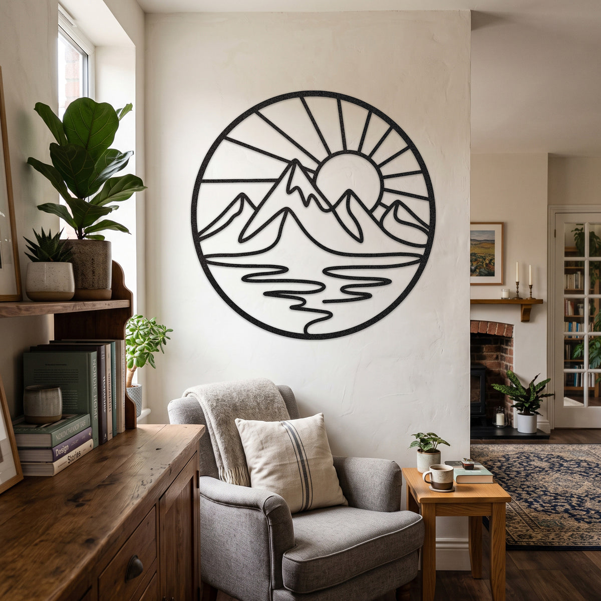 Circular Mountain Lake Sunrise Metal Wall Art — black