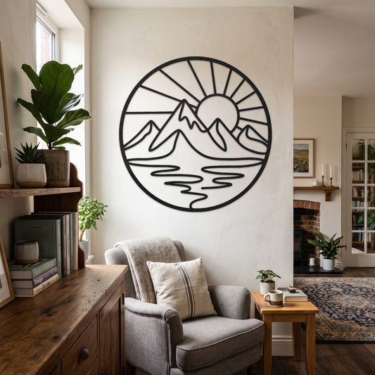 Circular Mountain Lake Sunrise Metal Wall Art — black