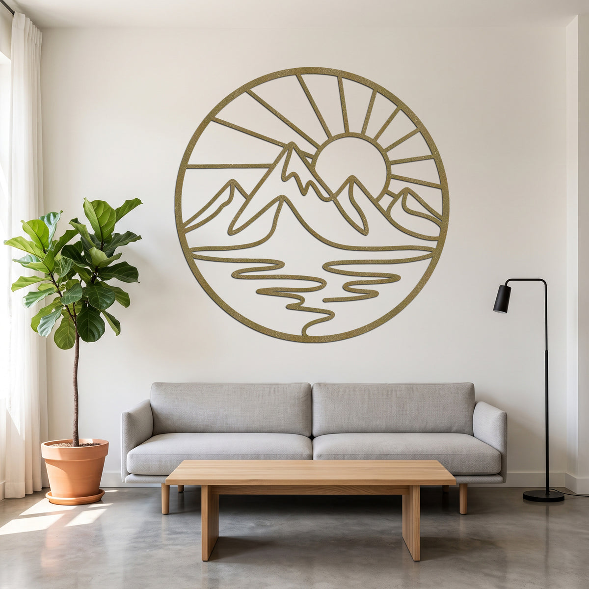 Circular Mountain Lake Sunrise Metal Wall Art — copper