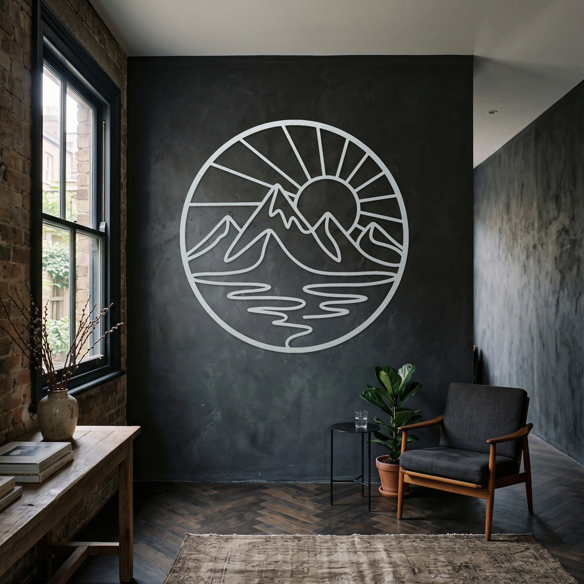 Circular Mountain Lake Sunrise Metal Wall Art — white