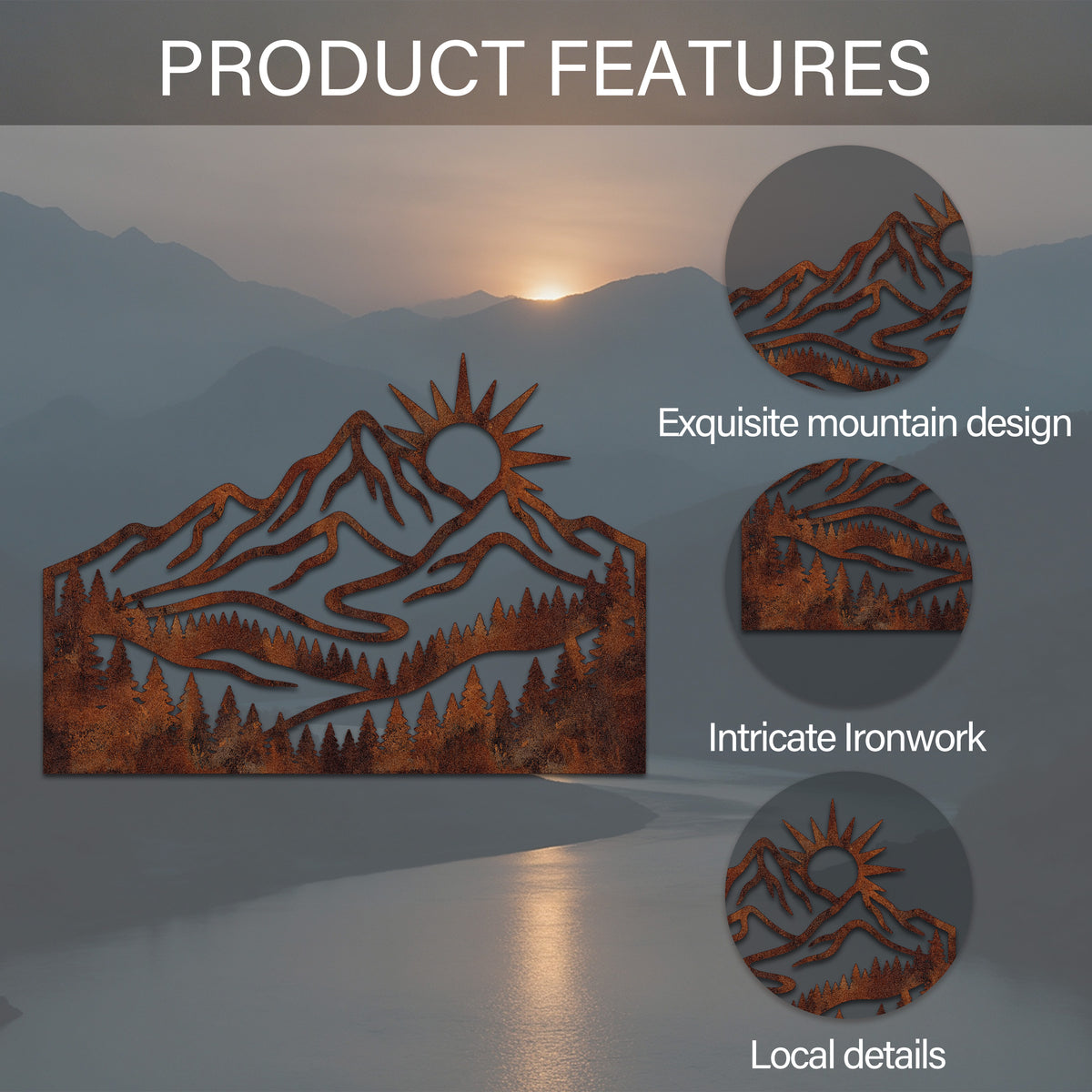 Forest Mountain Sunrise Metal Wall Art — features