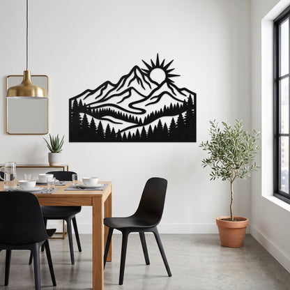 Forest Mountain Sunrise Metal Wall Art — black