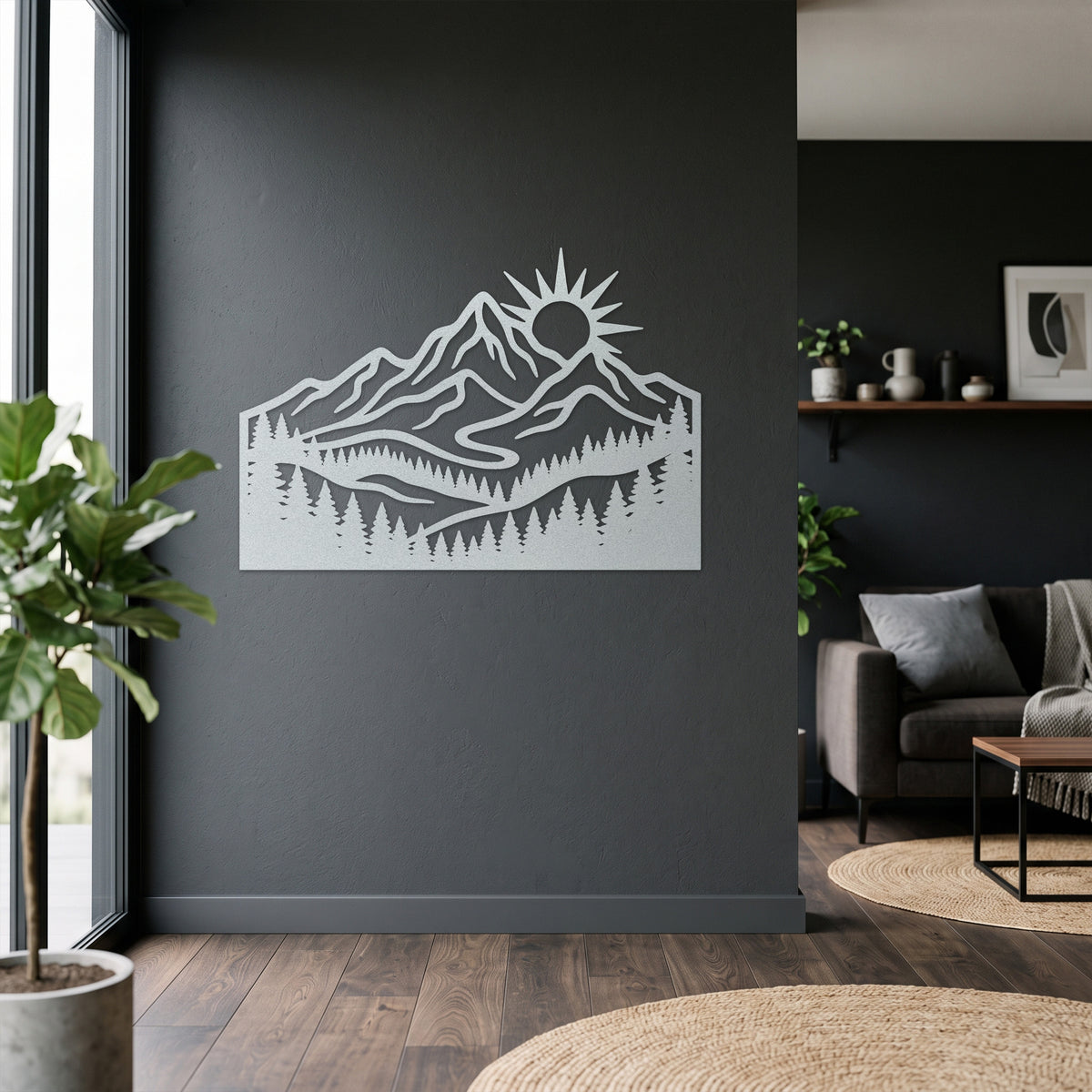 Forest Mountain Sunrise Metal Wall Art — white