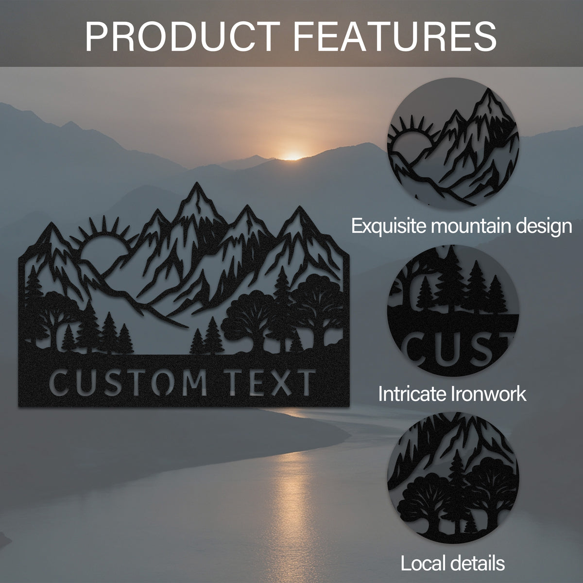 Custom Mountain Sunrise Forest Metal Sign — features