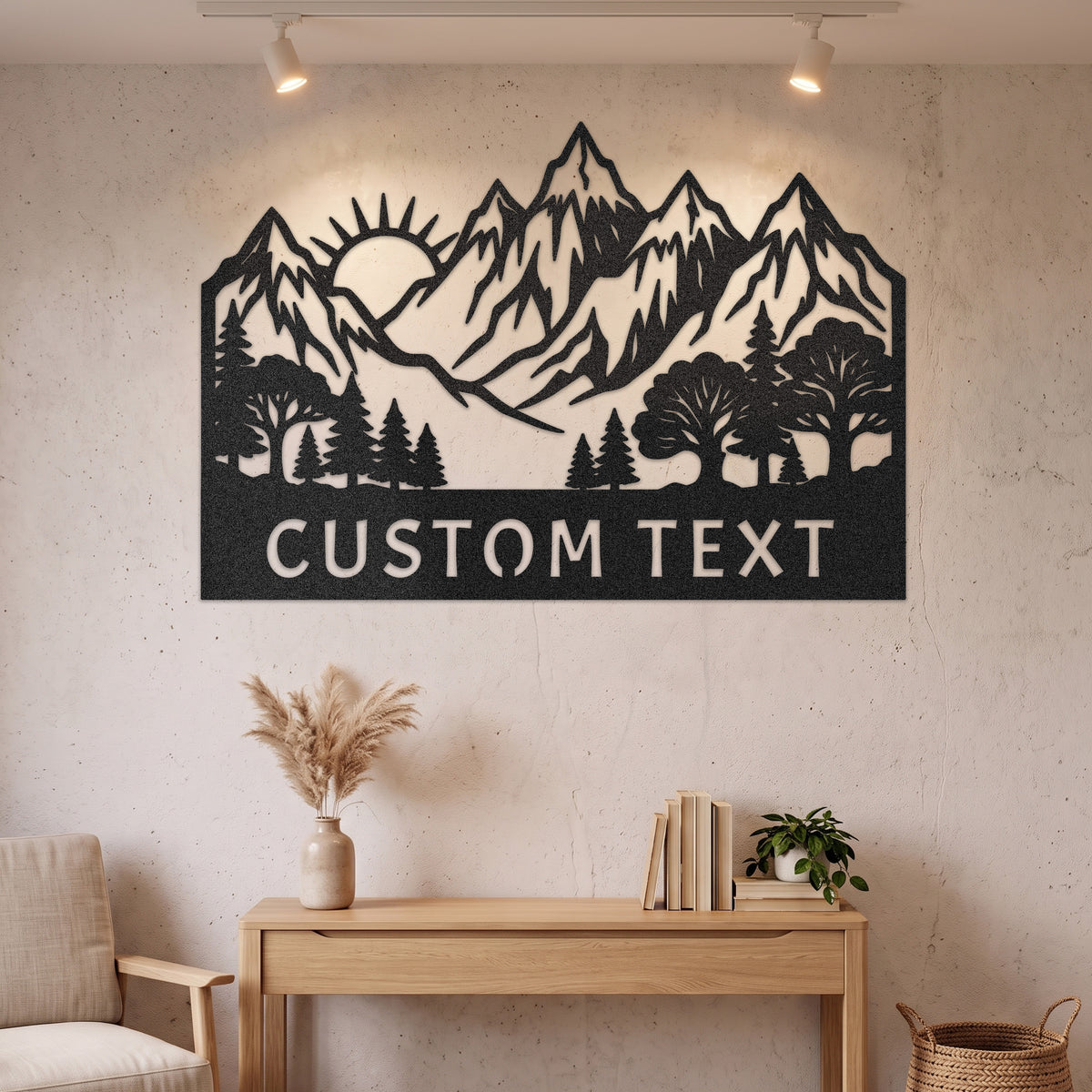 Custom Mountain Sunrise Forest Metal Sign — black