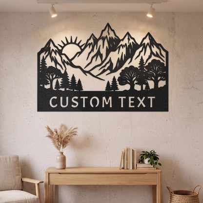 Custom Mountain Sunrise Forest Metal Sign — black