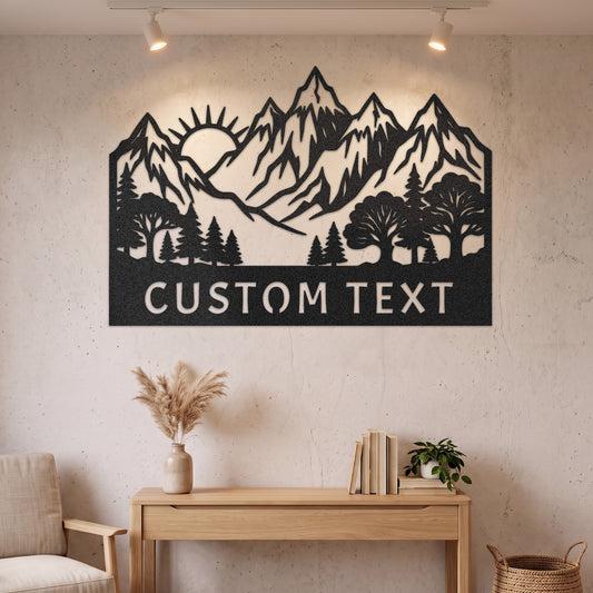 Custom Mountain Sunrise Forest Metal Sign — black