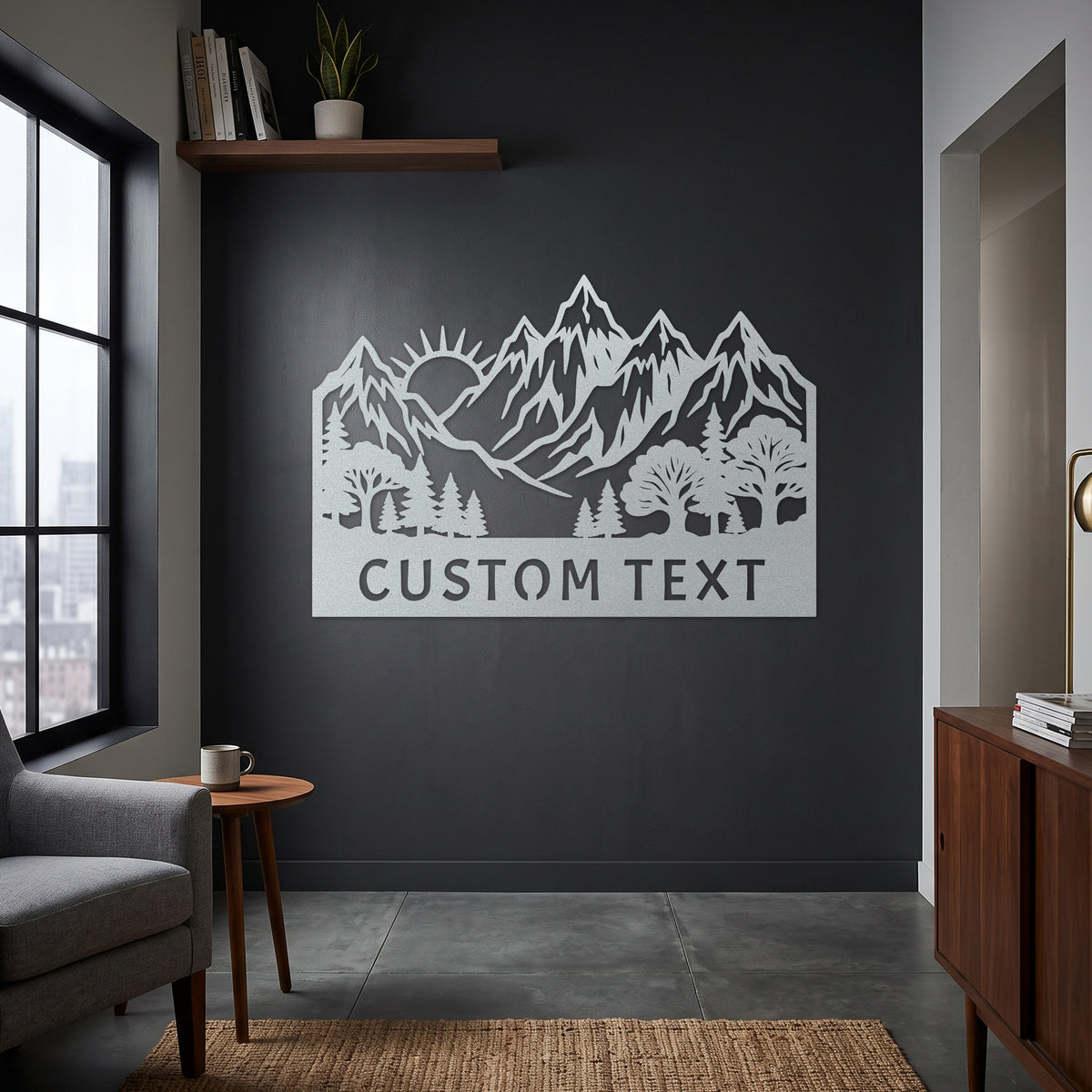 Custom Mountain Sunrise Forest Metal Sign — white