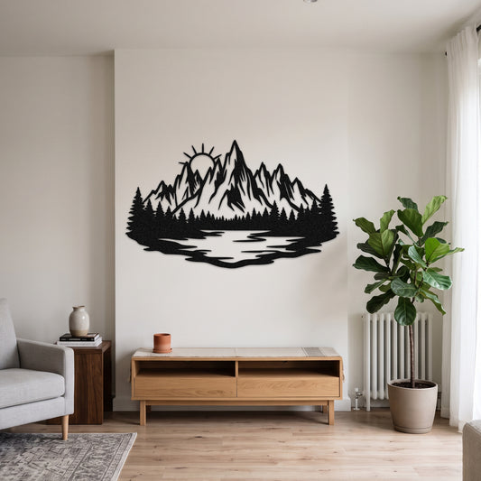 Mountain Lake Sunrise Metal Wall Art — black