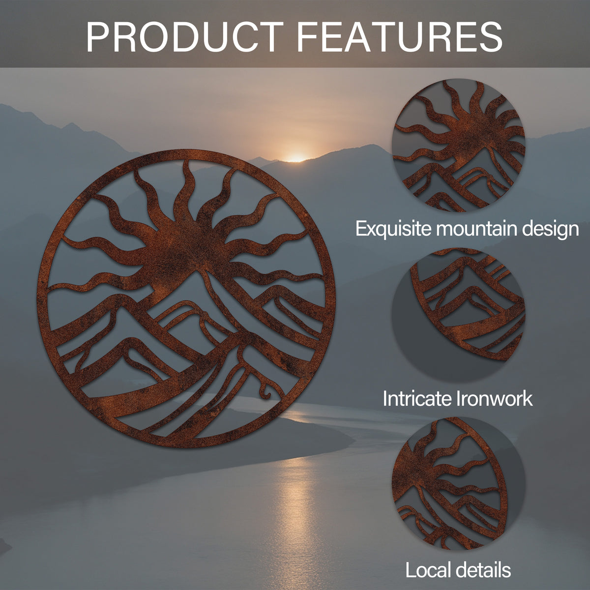 Circular Wavy Sun Mountain Metal Wall Art — features