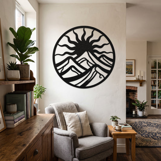 Circular Wavy Sun Mountain Metal Wall Art — black