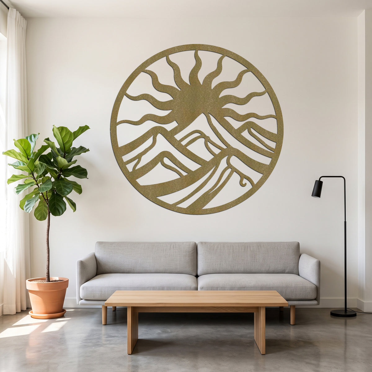 Circular Wavy Sun Mountain Metal Wall Art — copper