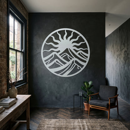 Circular Wavy Sun Mountain Metal Wall Art — white