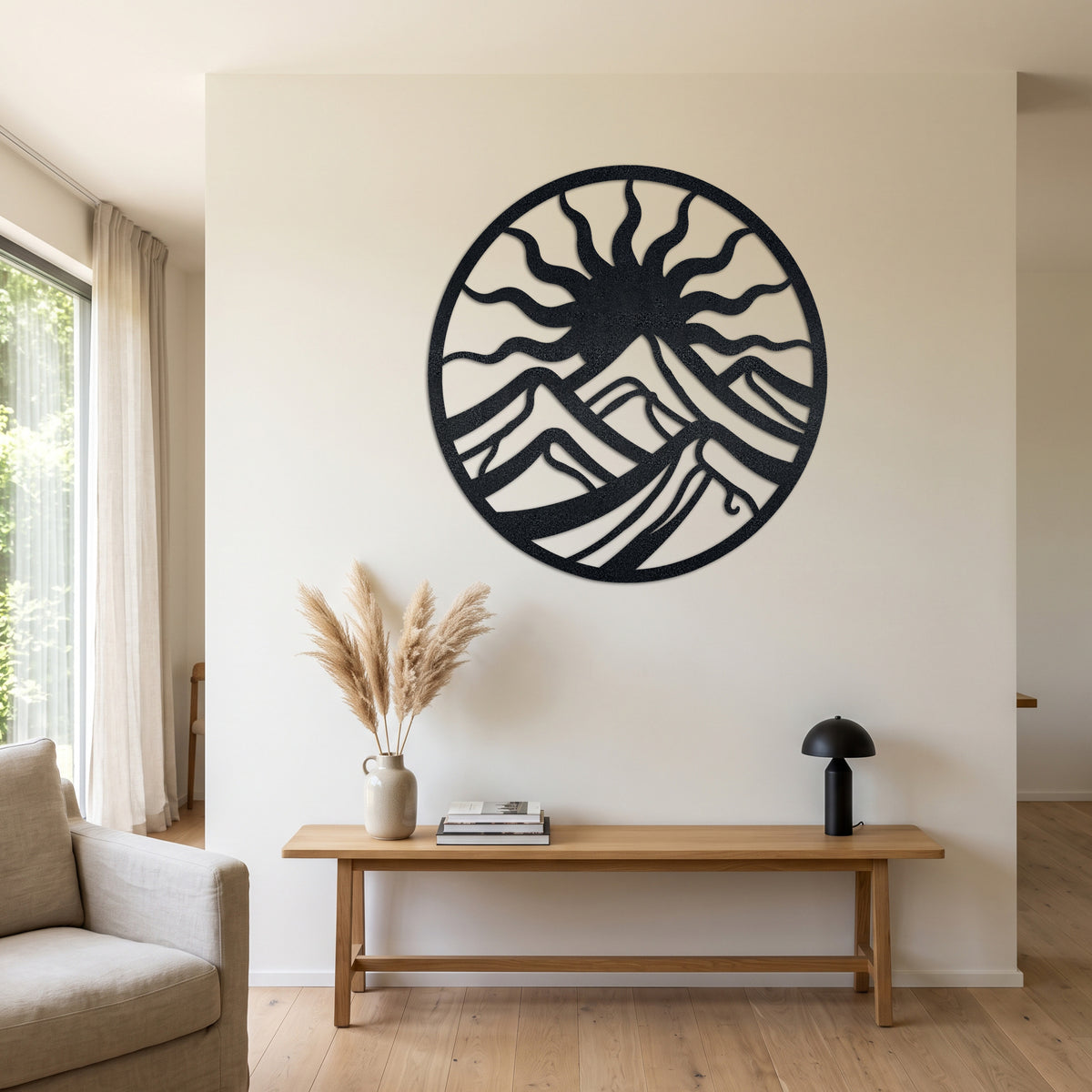 Circular Wavy Sun Mountain Metal Wall Art — lifestyle