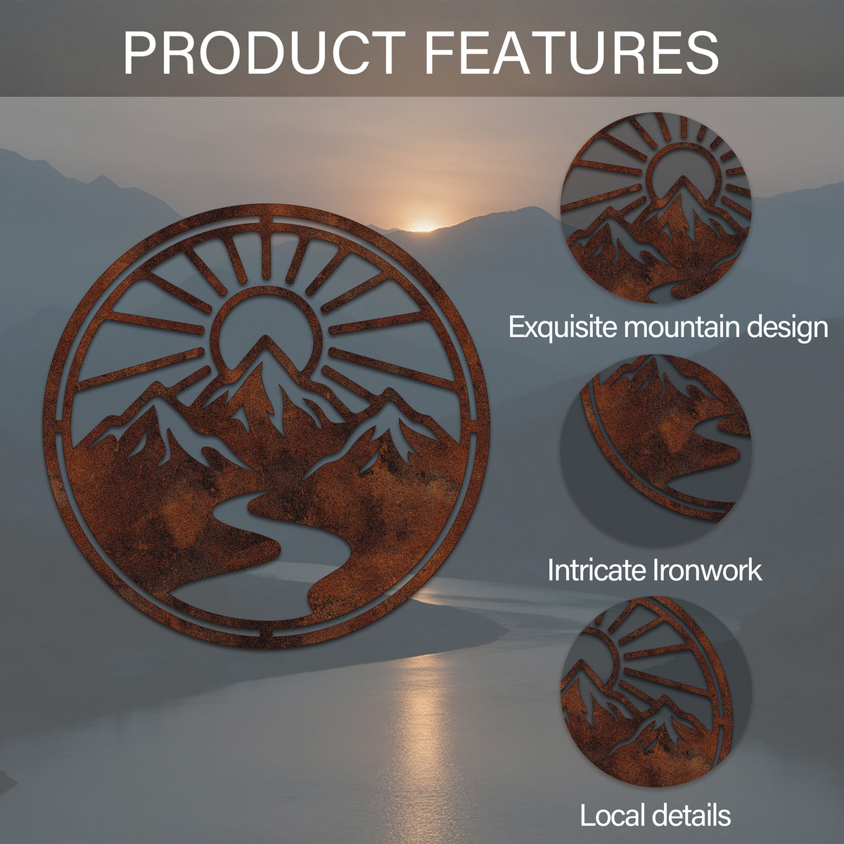 Circular Mountain River Sunrise Metal Wall Art — features