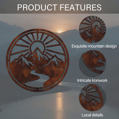 Circular Mountain River Sunrise Metal Wall Art — features