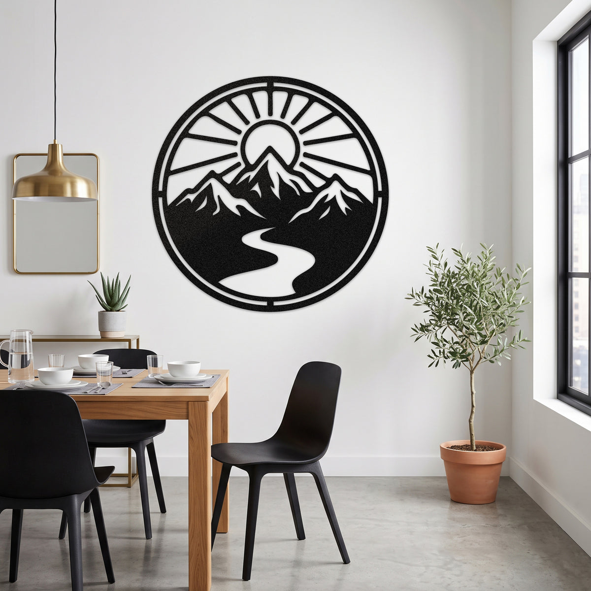 Circular Mountain River Sunrise Metal Wall Art — black