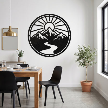 Circular Mountain River Sunrise Metal Wall Art — black