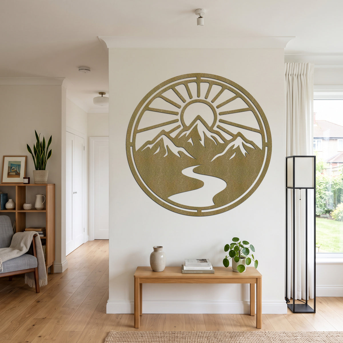 Circular Mountain River Sunrise Metal Wall Art — copper
