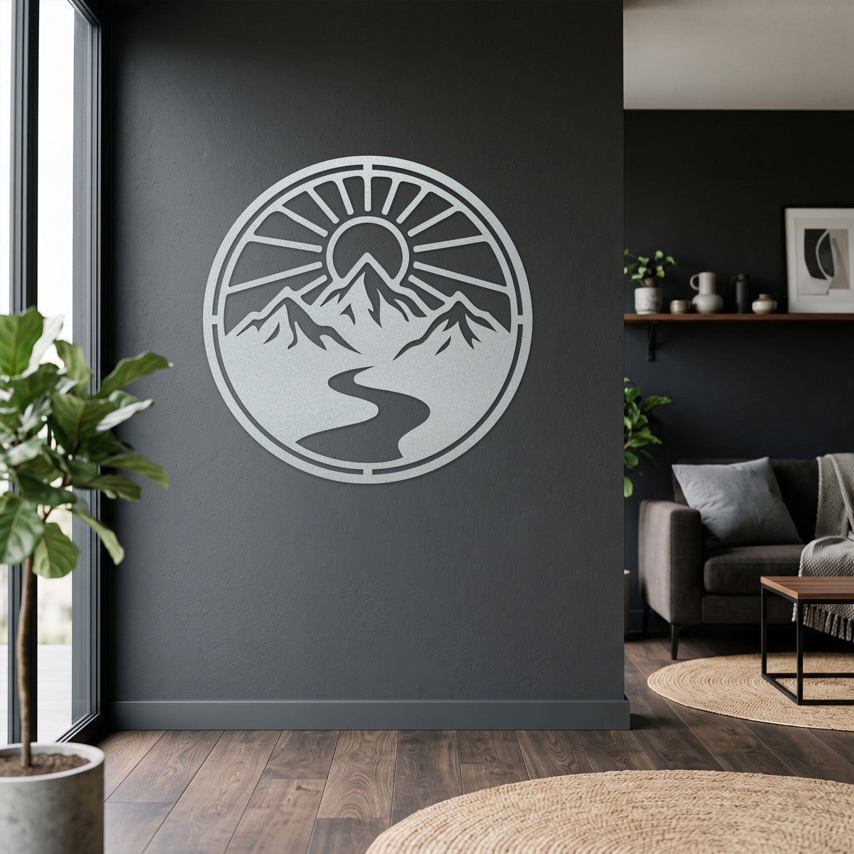 Circular Mountain River Sunrise Metal Wall Art — white