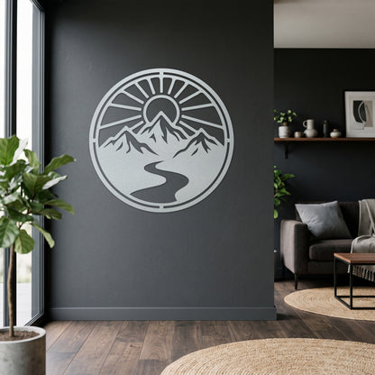 Circular Mountain River Sunrise Metal Wall Art — white