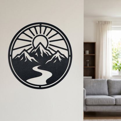 Circular Mountain River Sunrise Metal Wall Art — lifestyle