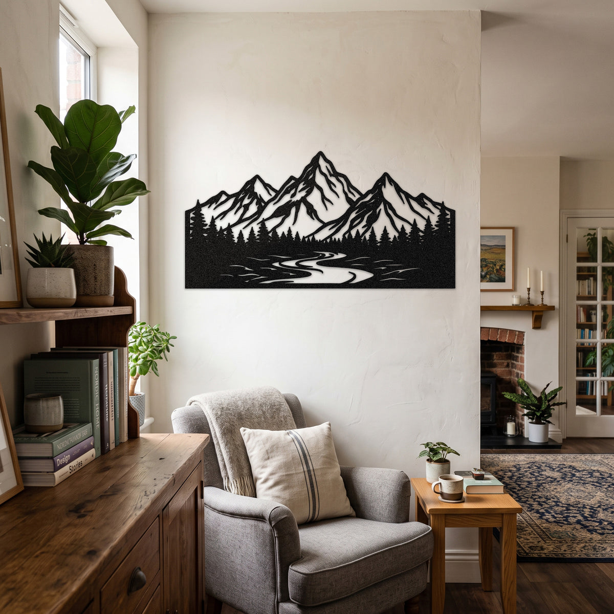 Mountain River Pine Forest Metal Wall Art — black
