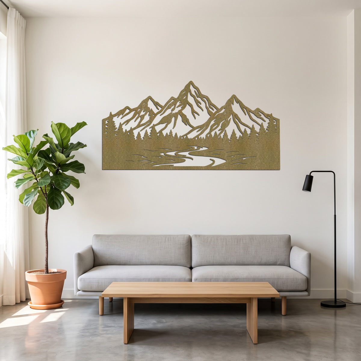 Mountain River Pine Forest Metal Wall Art — copper