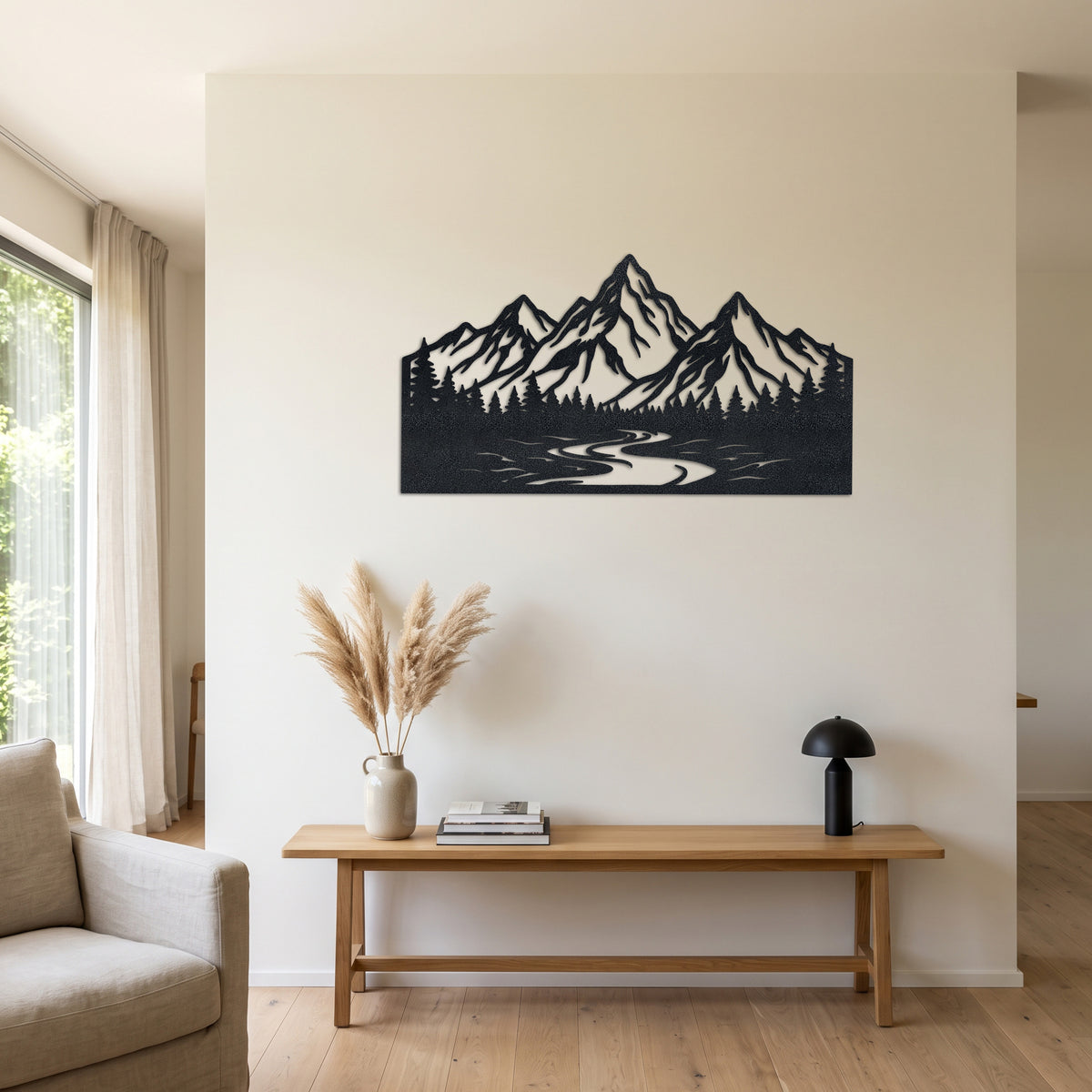 Mountain River Pine Forest Metal Wall Art — lifestyle