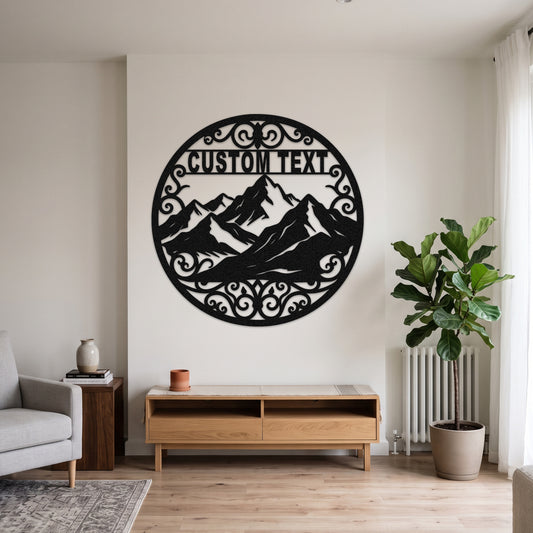 Custom Circular Mountain Metal Sign — black