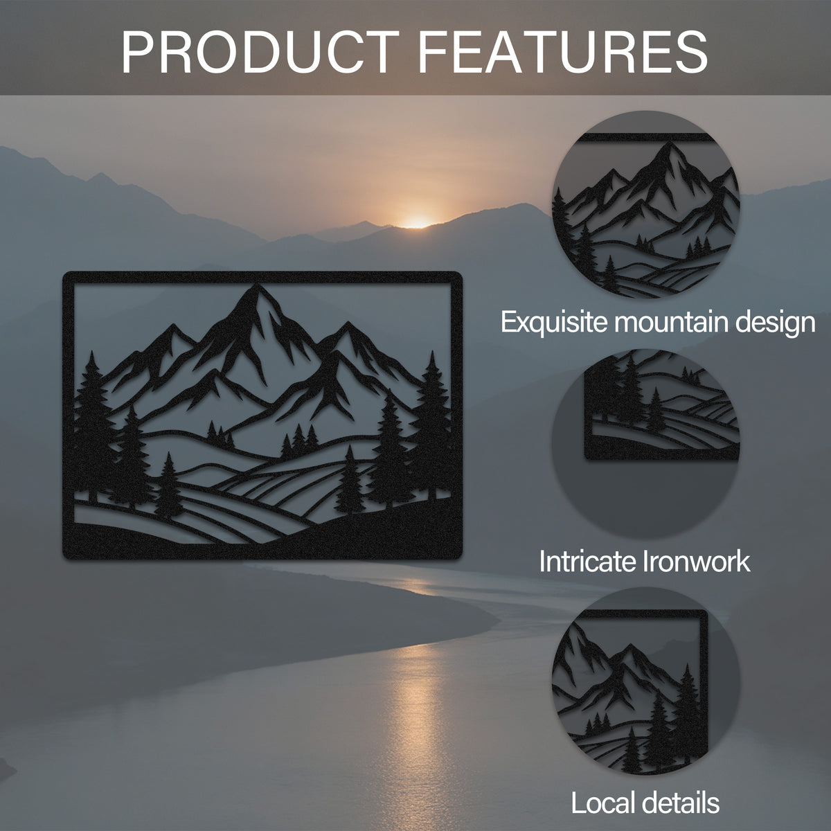 Framed Mountain Pine Landscape Metal Wall Art — features