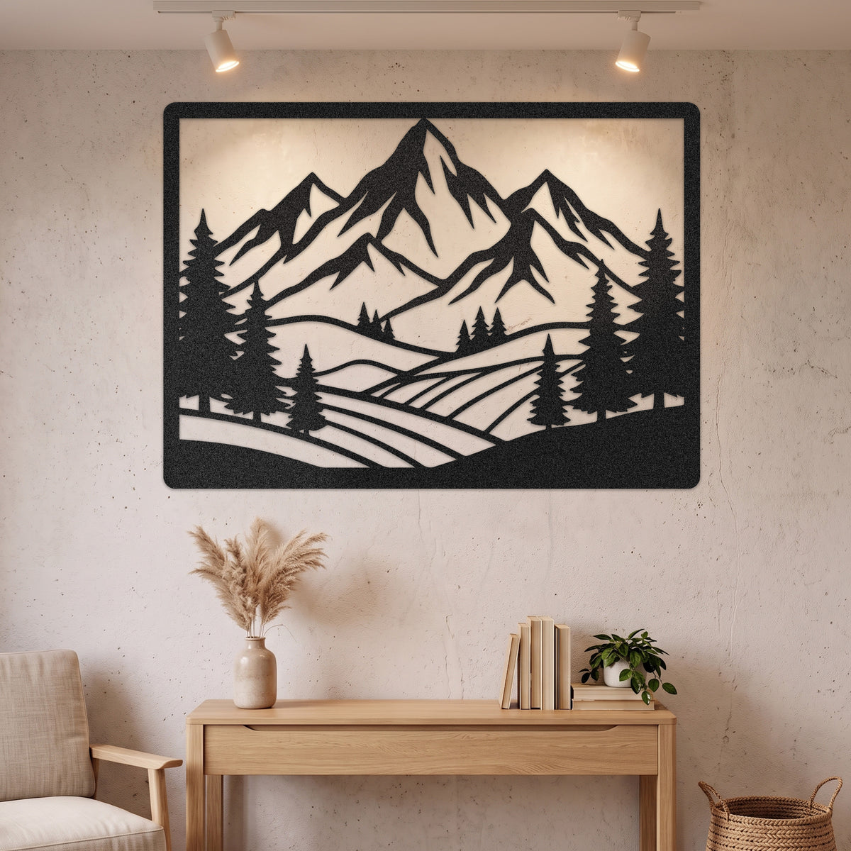 Framed Mountain Pine Landscape Metal Wall Art — black