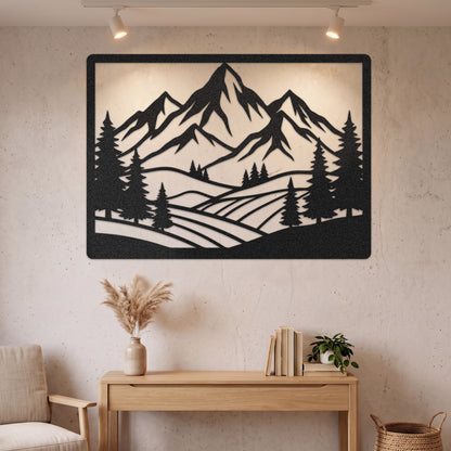 Framed Mountain Pine Landscape Metal Wall Art — black