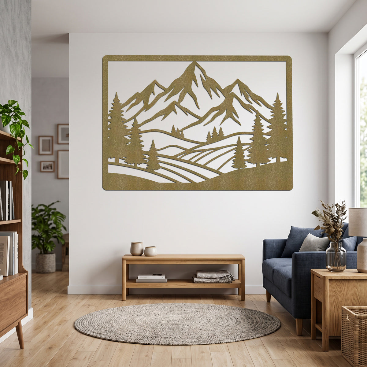 Framed Mountain Pine Landscape Metal Wall Art — copper