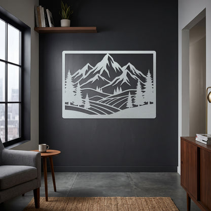 Framed Mountain Pine Landscape Metal Wall Art — white