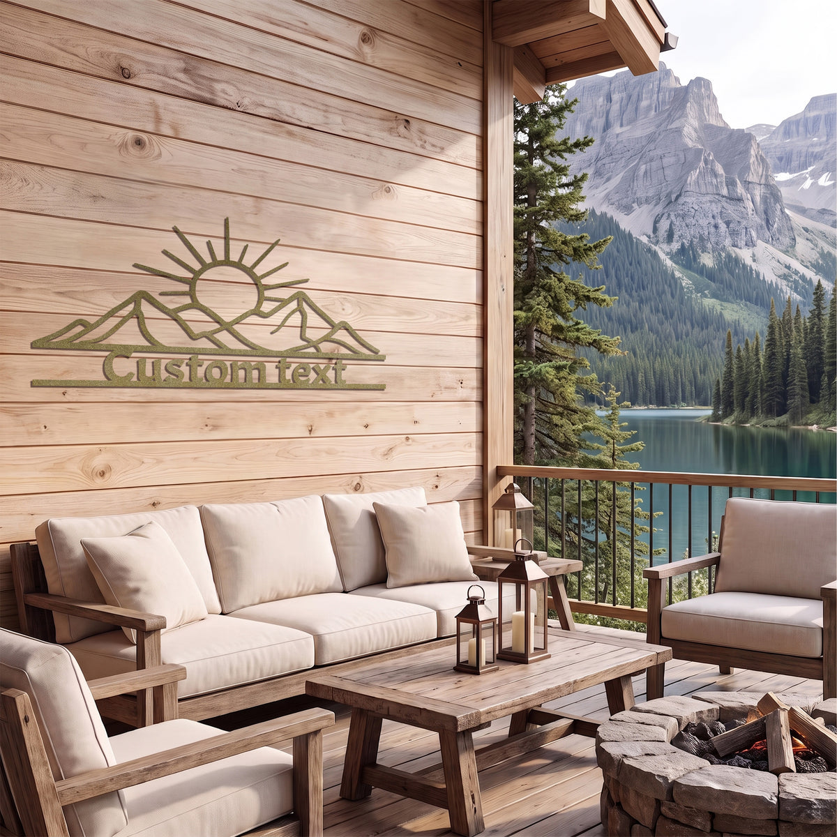 Copper mountain sunrise metal sign on a lakeside cabin wall