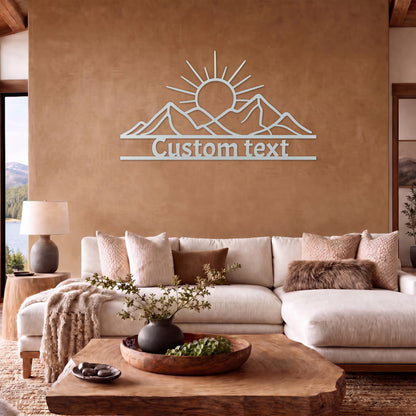 White mountain sunrise metal sign in a living room