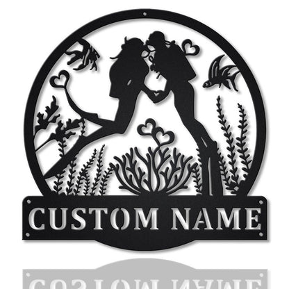 Personalized Couple Scuba Diving Monogram Metal Sign Art With LED Lights