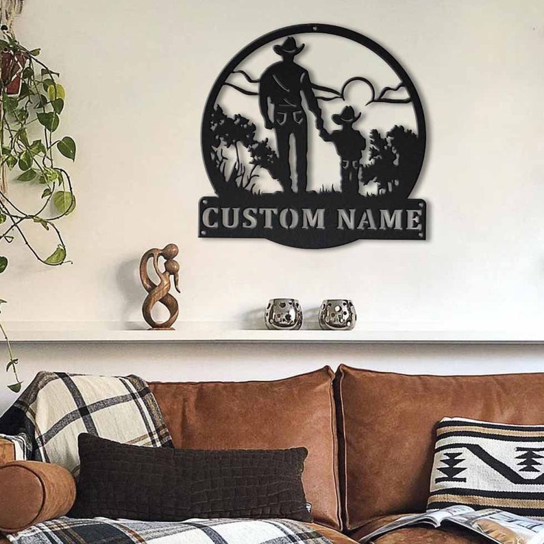 Personalized Cowboy And Son Monogram Metal Wall Art With LED Lights