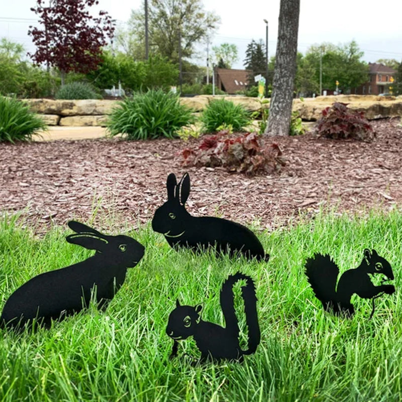 Rabbit and Squirrel Set of 4 Yard Stakes|Metal Home Decor|Metal Yard Art