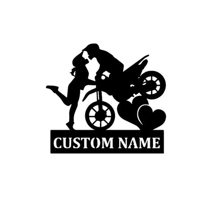 Custom Motorcyclist And Girl Metal Wall Art With Led Lights