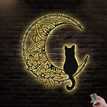 Black Cat On The Moon Metal Wall Art With Led Lights